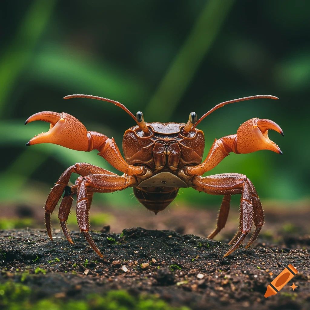 Close-up photo of an orange crab-ant hybrid creature standing on dirt