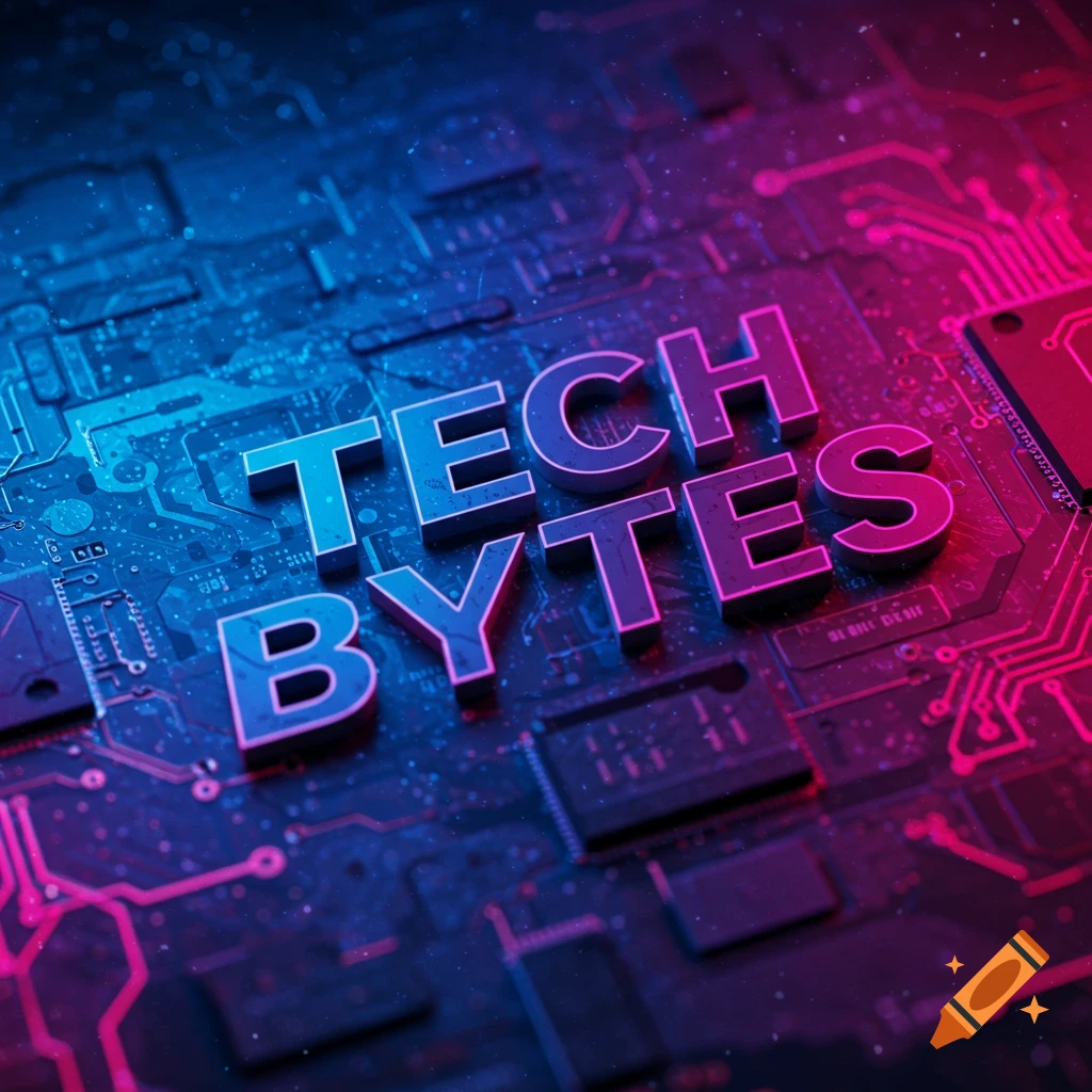 3D text 'TECH BYTES' on a circuit board with blue and pink lighting