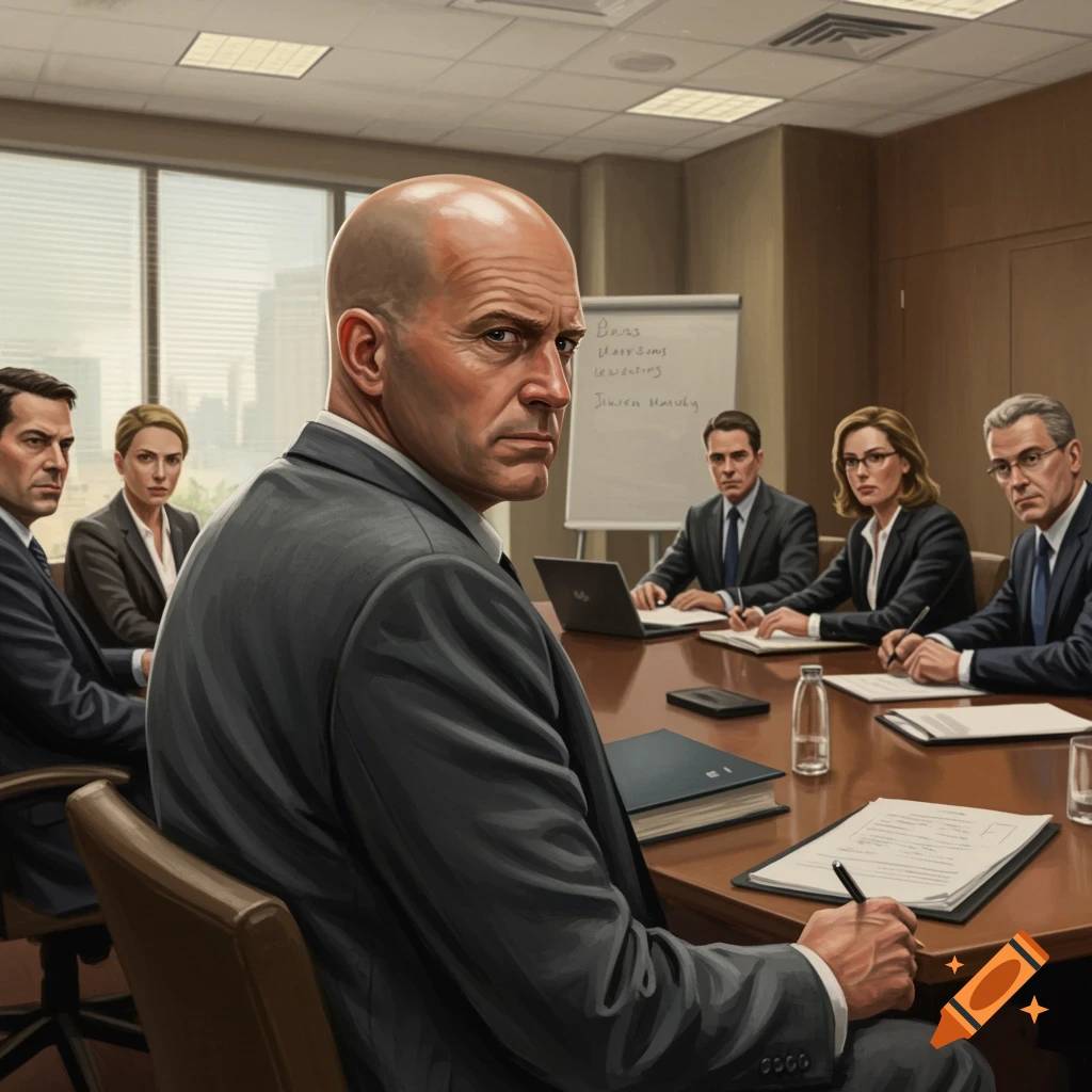 Photorealistic painting of a bald man looking back during a serious business meeting.