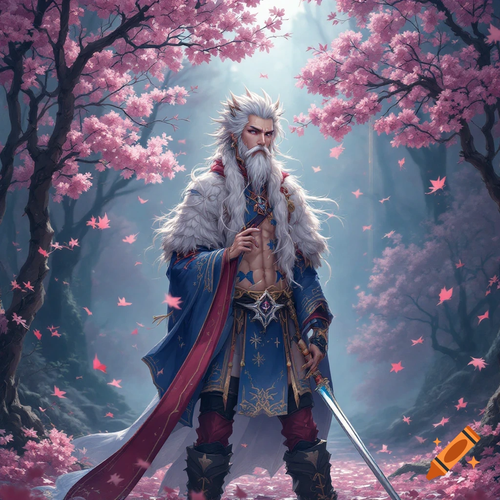 Fantasy man with white hair and beard standing in a cherry blossom forest holding a sword.