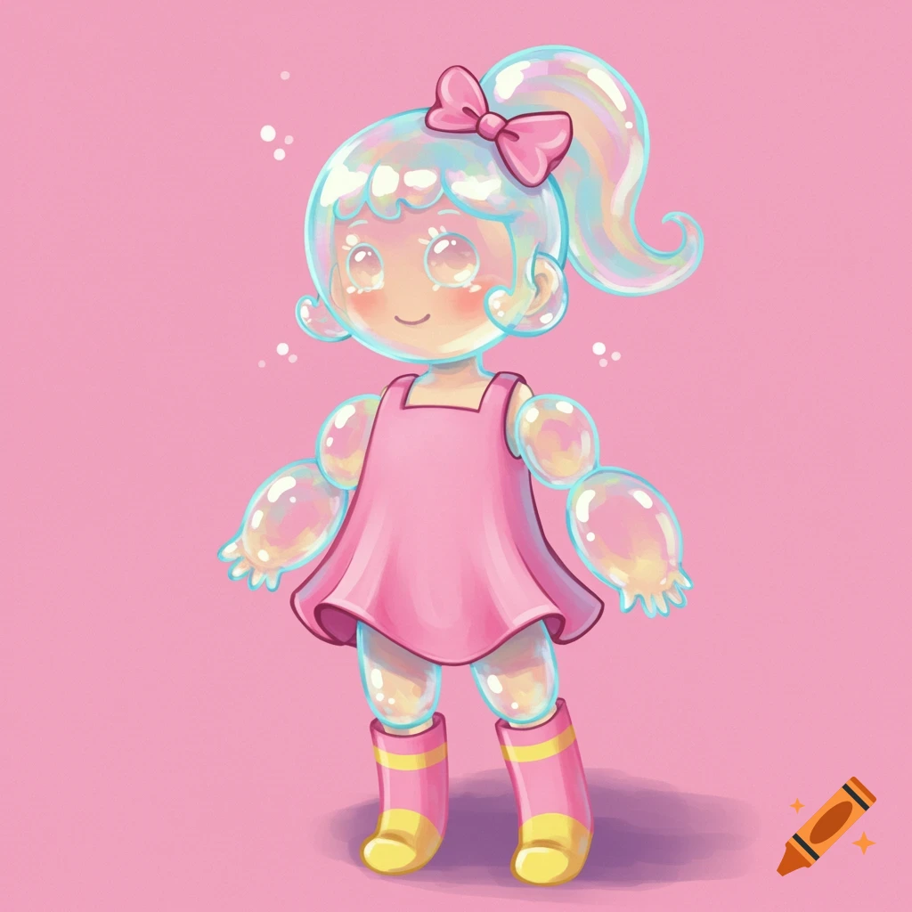 A cartoon character made of bubbles, wearing a pink dress and boots, with a bubble ponytail and pink bow.