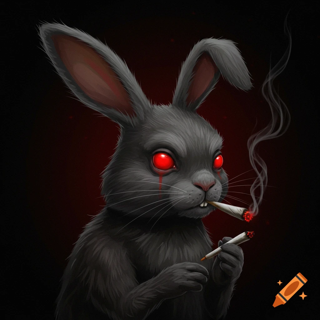 A dark gray rabbit with red eyes smoking two joints against a dark red background.