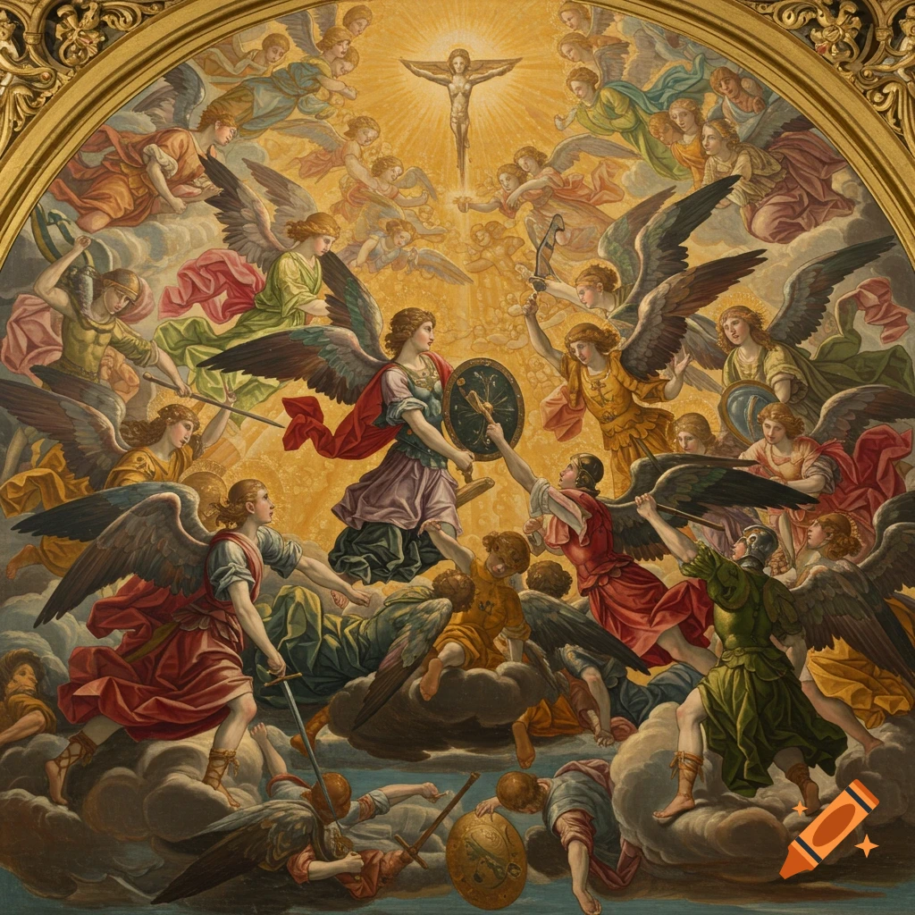 Renaissance painting of angels fighting in the clouds around a crucifixion.