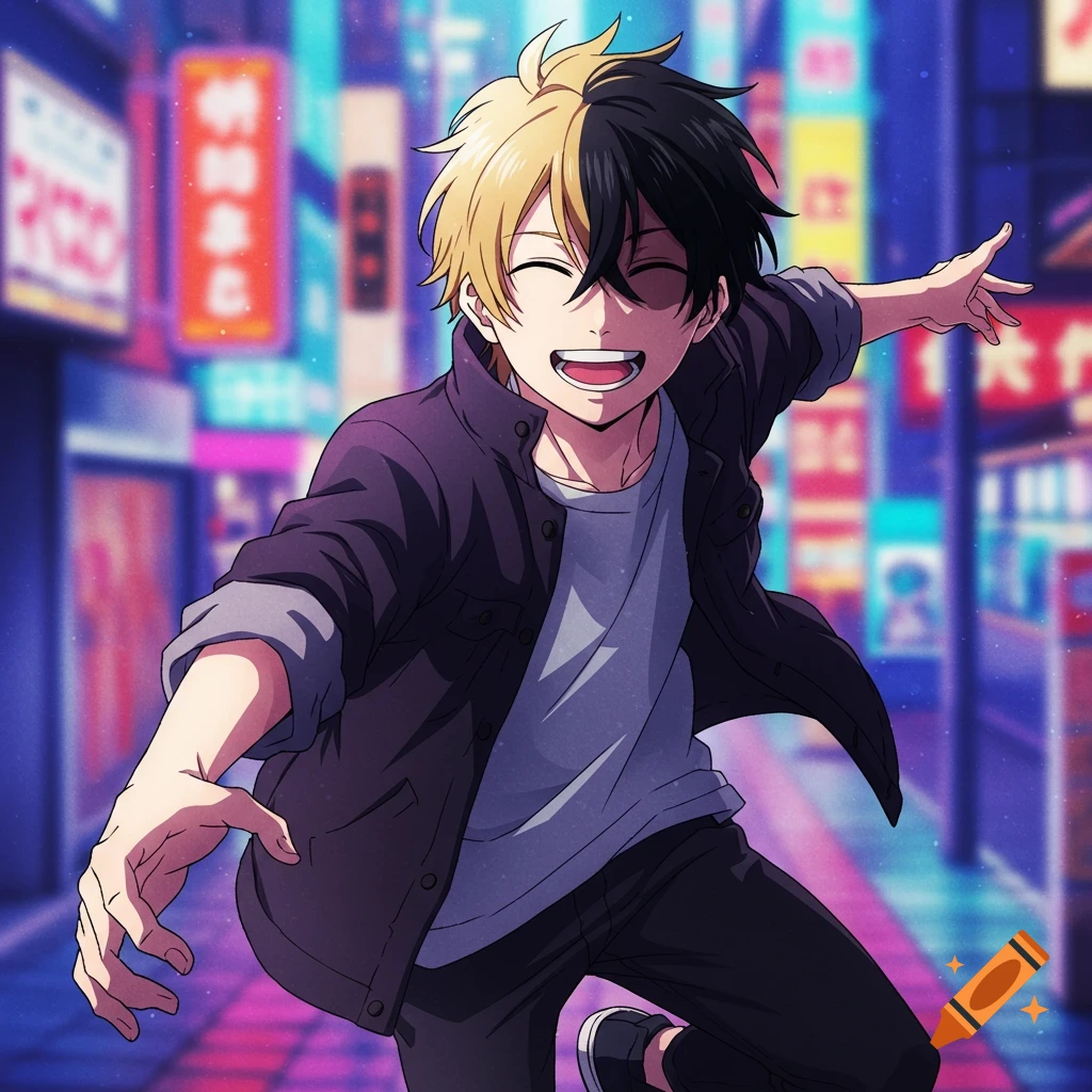 Anime guy with split blonde and black hair smiles while running in a neon city street.