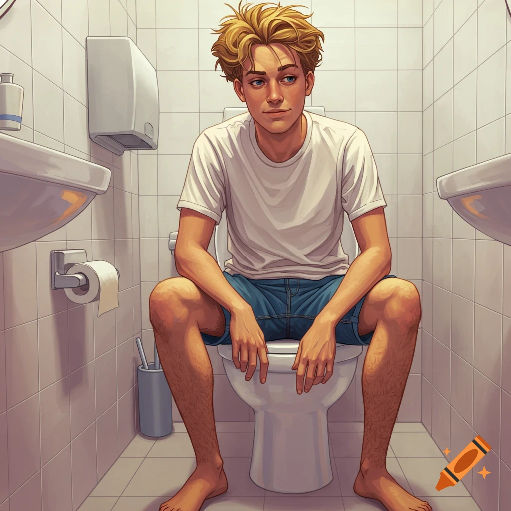 A young man sitting on a toilet in a bathroom.