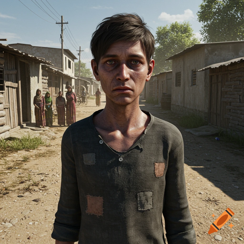 A young male with a somber expression stands on a dirt road in a poor village with people in the background. Photorealistic style.