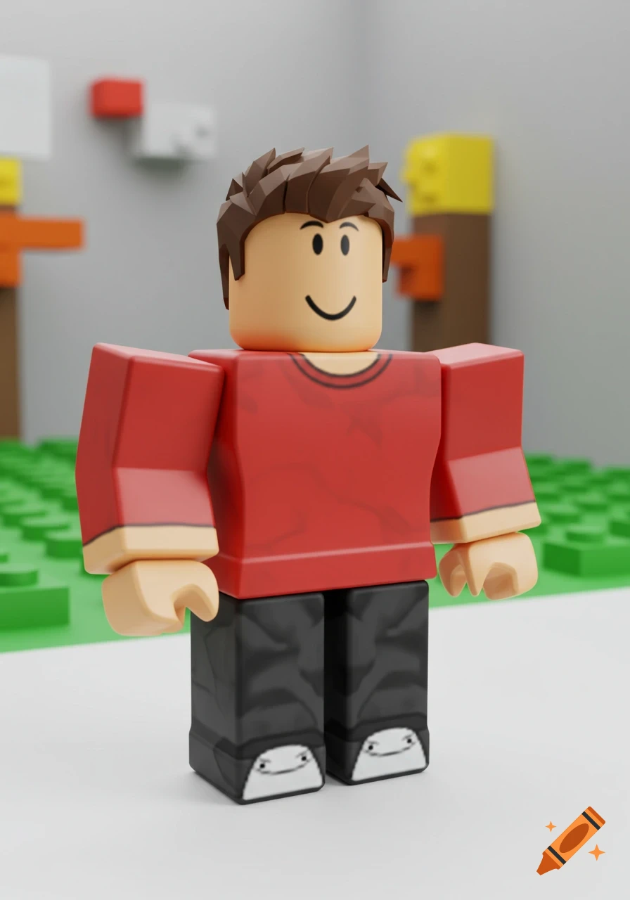 A 3D render of a Roblox character in a red shirt standing in a blocky game world.