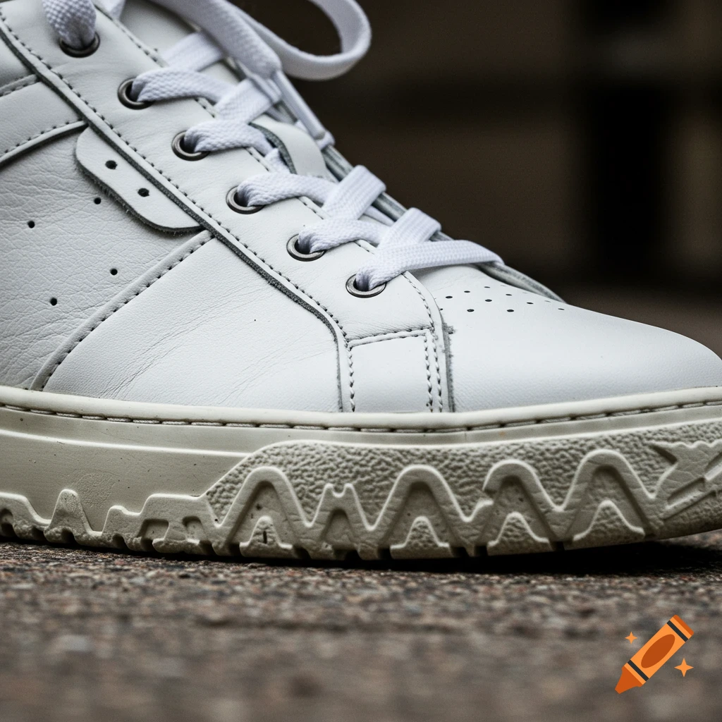 Close up photo of a white leather sneaker with a textured sole.