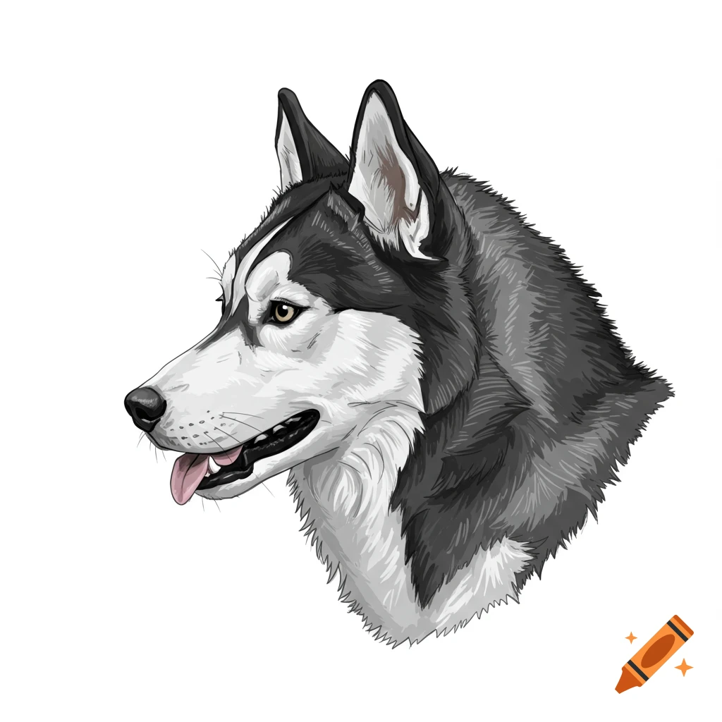 Black and white illustration of a husky head in profile.