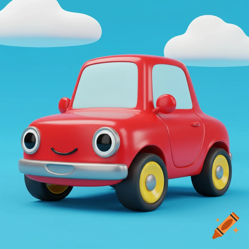 A cute red cartoon car with a smiley face and yellow wheels against a blue sky with clouds.