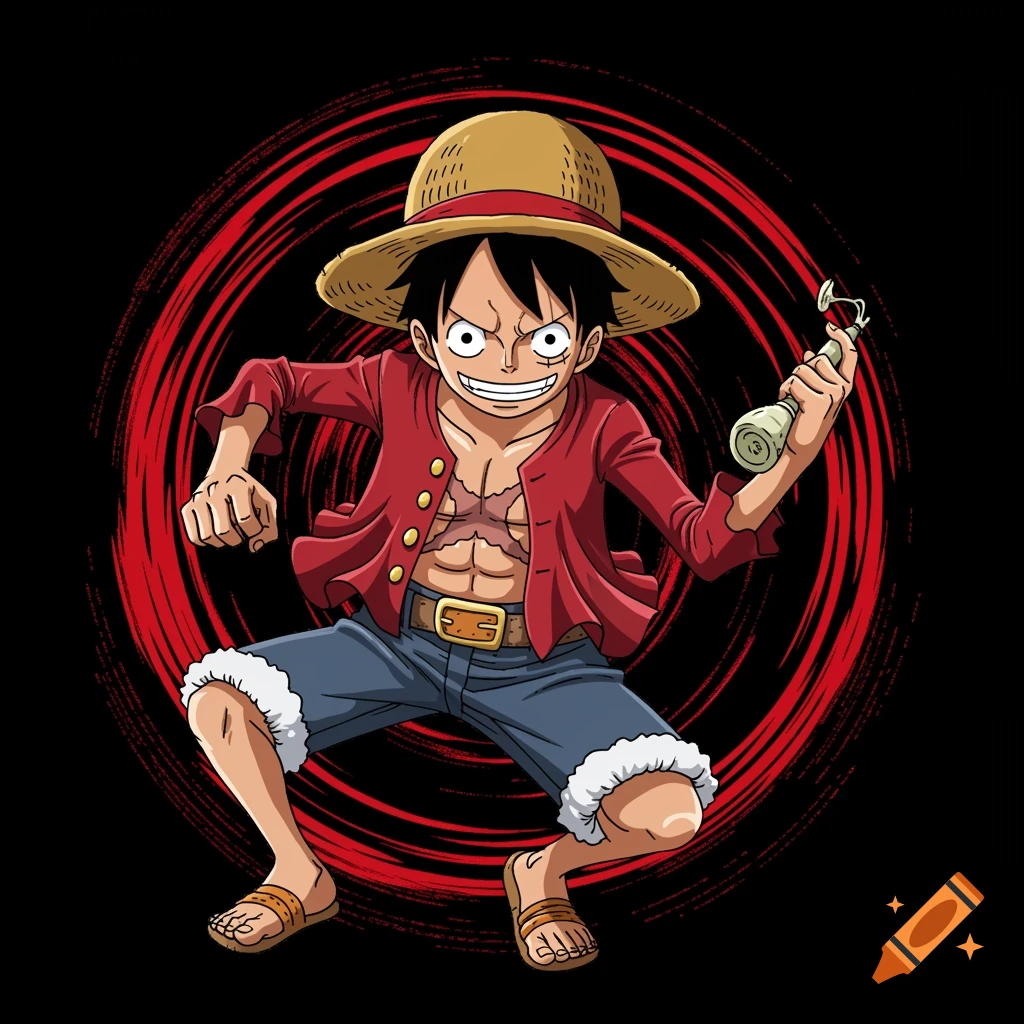 Anime illustration of Monkey D. Luffy in a dynamic pose with a red circular background.
