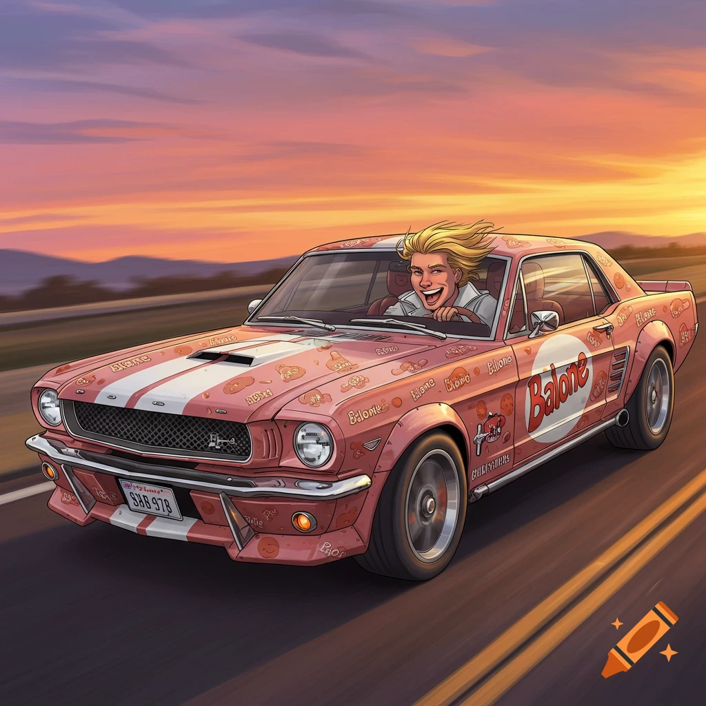 A man drives a pink Mustang decorated with 'Balone' logos on a road at sunset.