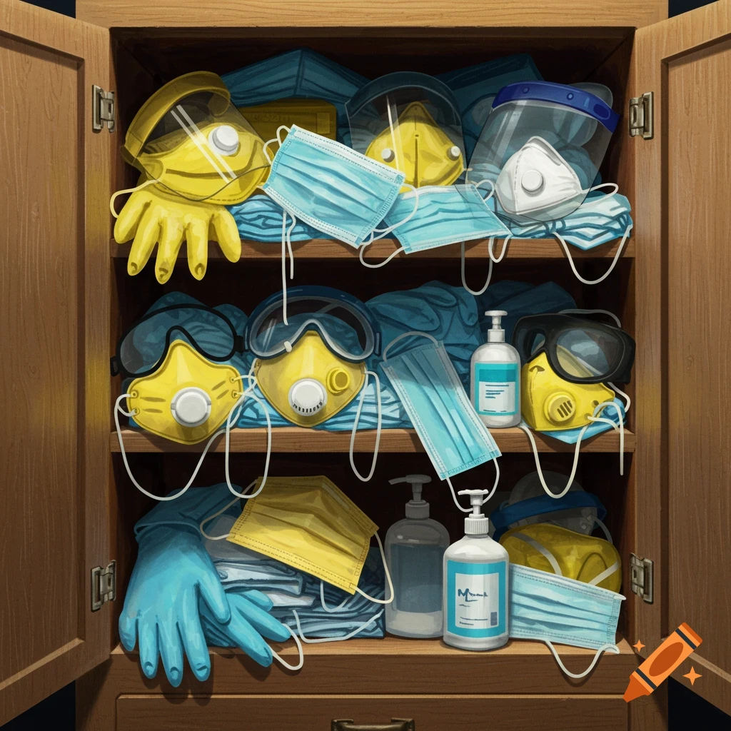 A wooden cabinet overflowing with personal protective equipment, including masks, respirators, gloves, and hand sanitizer bottles.
