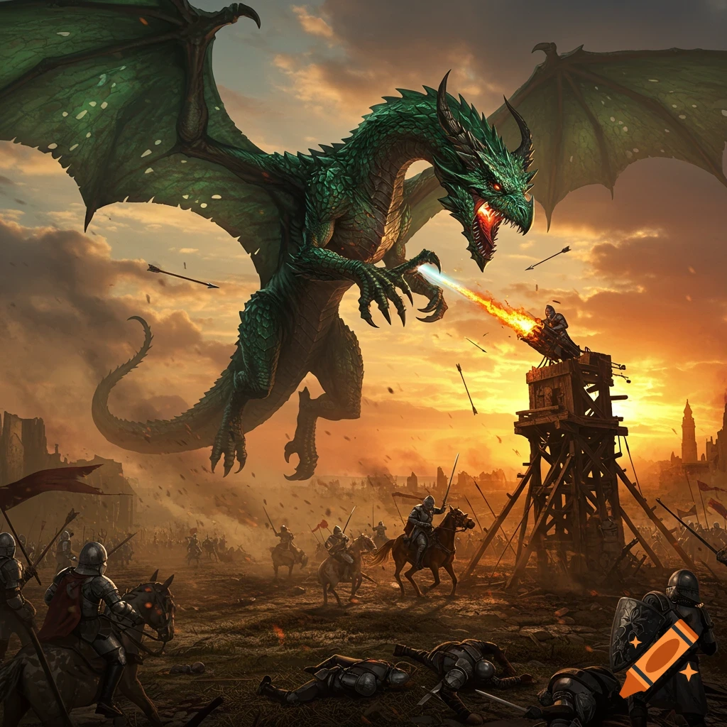 A giant green dragon breathes fire on a tower during a sunset battle with knights.