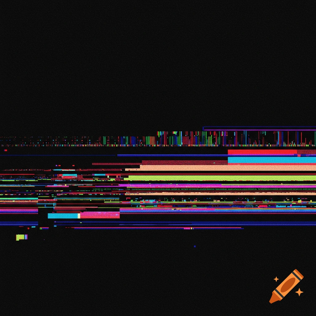 Abstract digital art showing a glitched pattern of colorful horizontal lines on black.