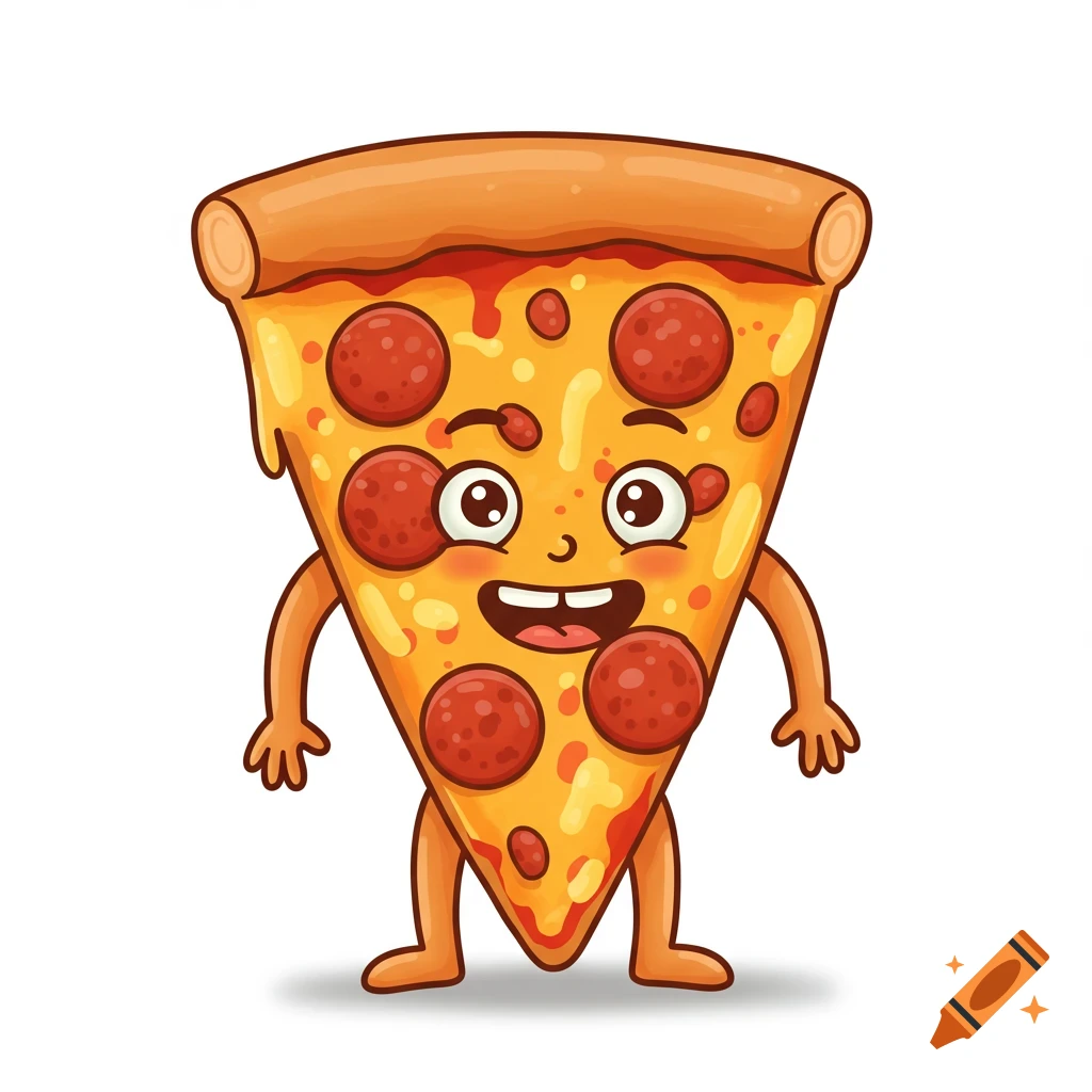 Cartoon pizza slice character with a smiling face, arms, and legs