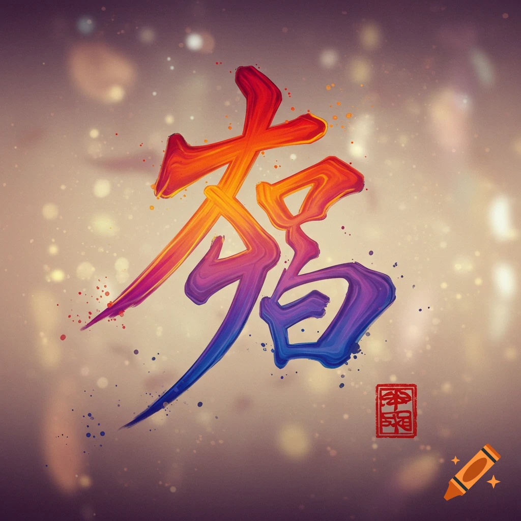 Stylized Chinese character in colorful gradient with paint splatters and bokeh background.
