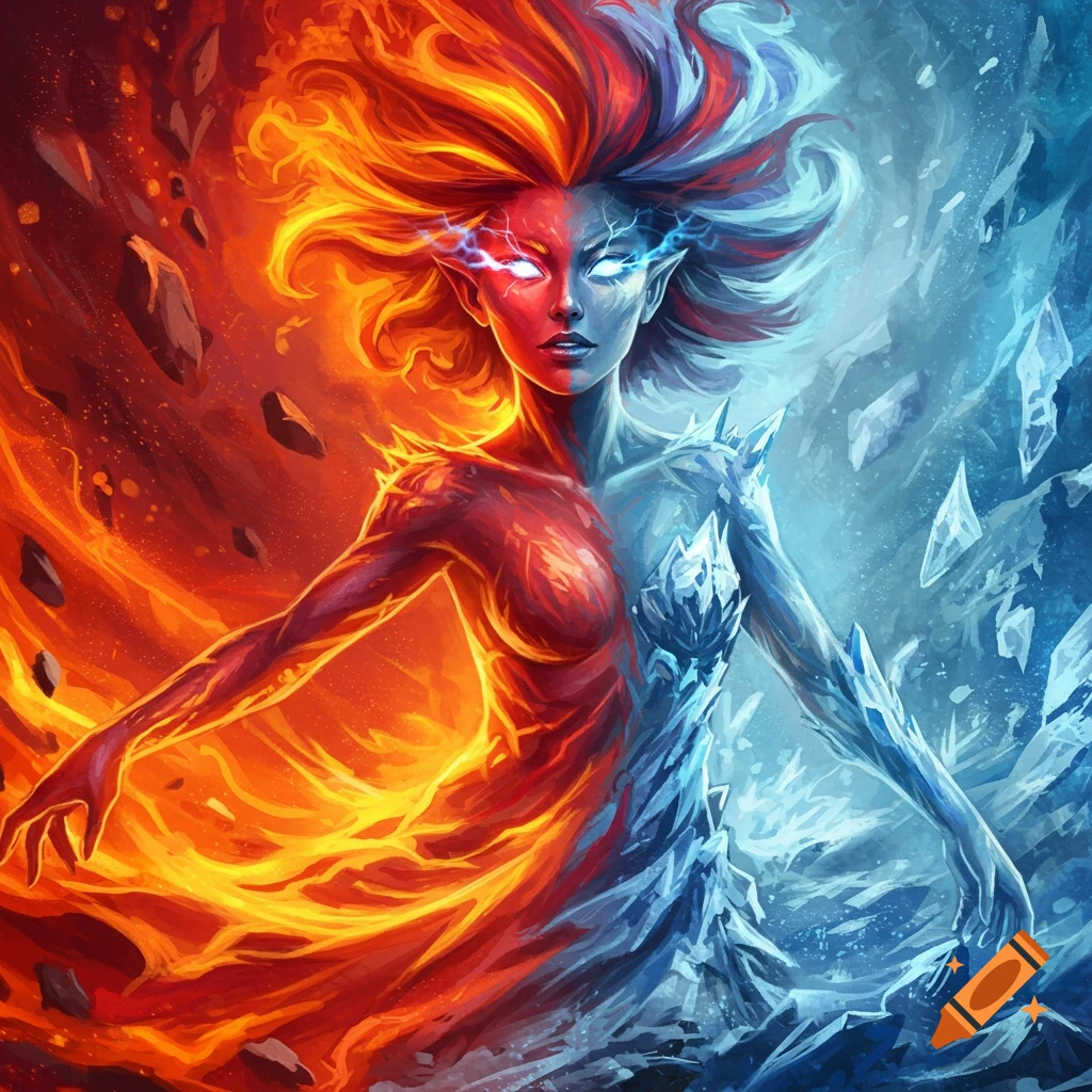 A fantasy woman split between fire and ice, with lightning bolts from her eyes.