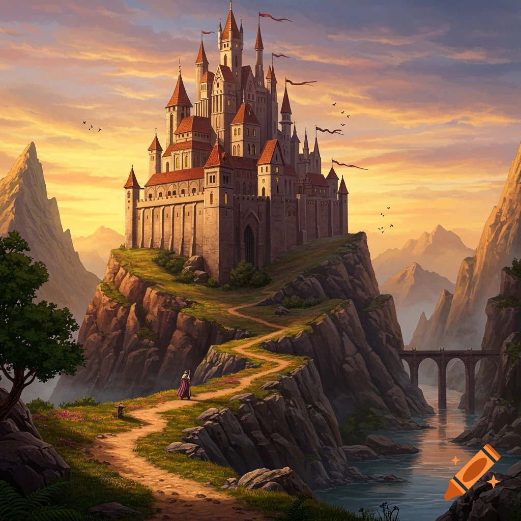 A grand castle perched on a rocky hill overlooking a river at sunset, with a path leading up and a figure walking towards it.
