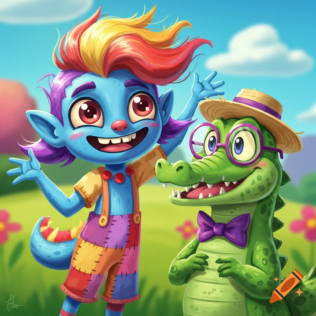 A cartoon blue creature with rainbow hair and a green alligator wearing a hat and glasses stand in a field.