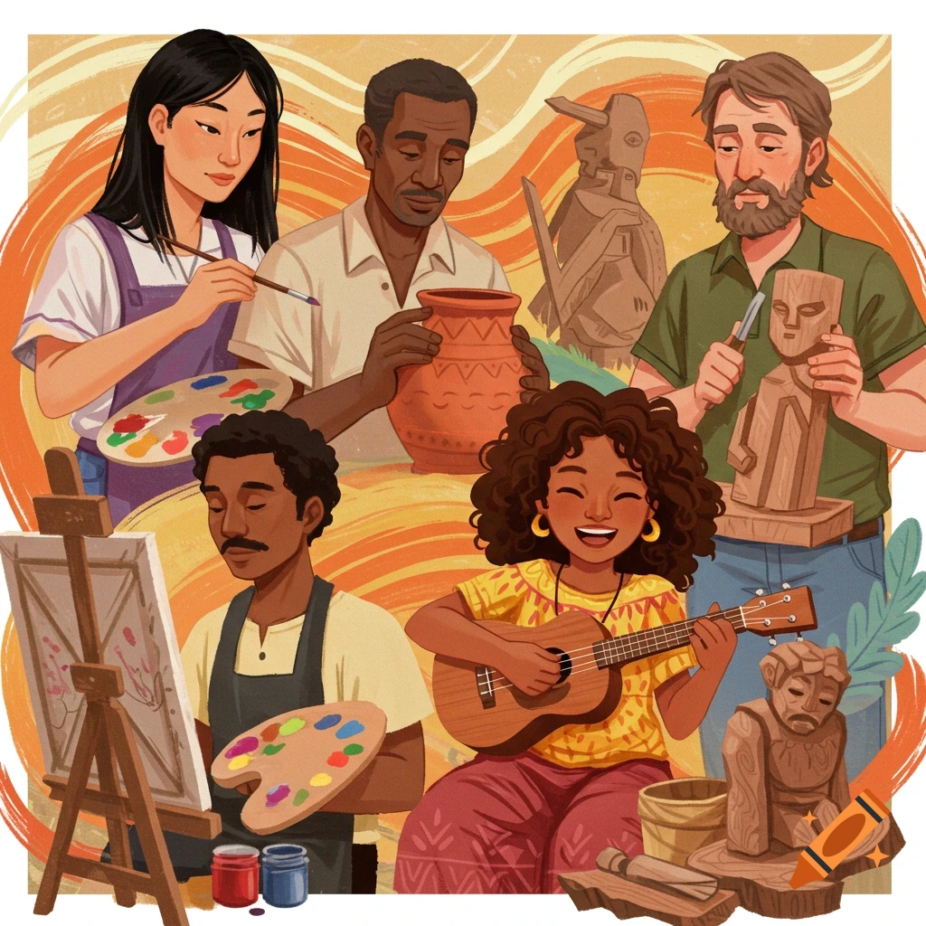 Diverse people engaging in creative activities: painting, pottery, sculpting, and playing music.