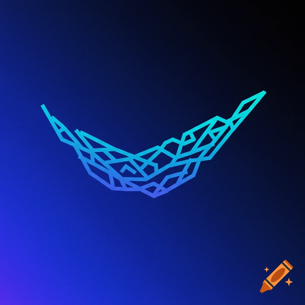 Abstract geometric shape in blue and cyan gradient on a dark blue background.