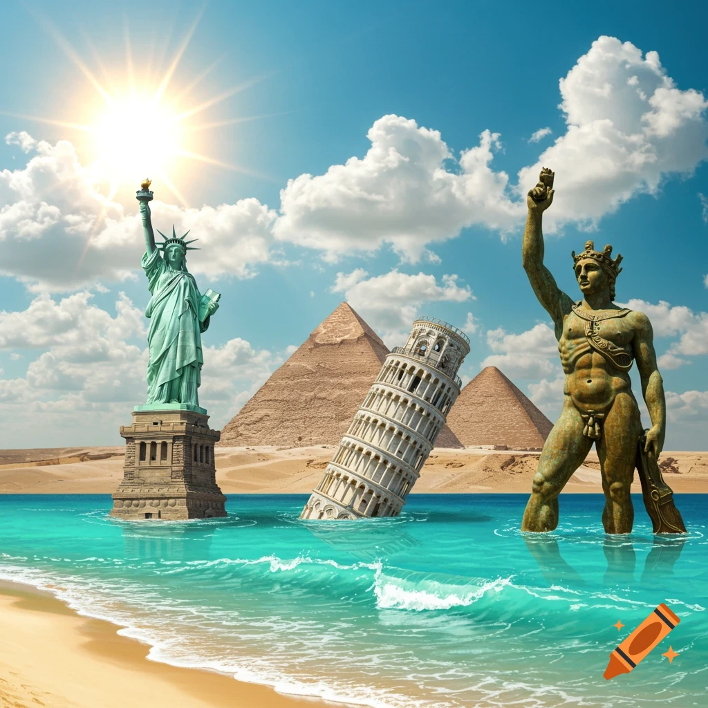 Famous landmarks including the Statue of Liberty, Leaning Tower of Pisa, Pyramids, and Colossus statue stand partially submerged in water on a beach.