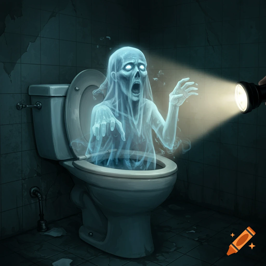 A ghostly spirit emerges from a toilet in a dark bathroom, lit by a flashlight.