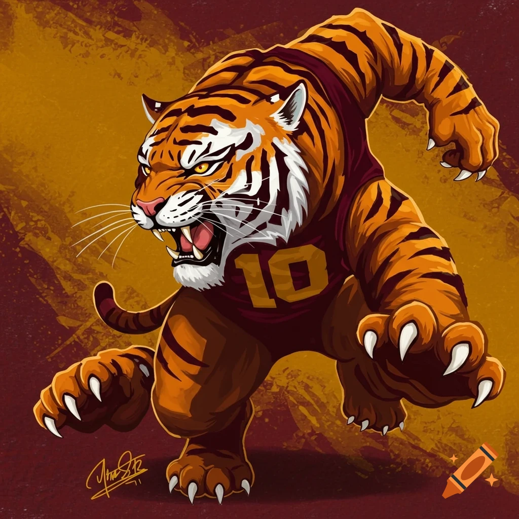 A fierce tiger mascot in a maroon and gold jersey with number 10.