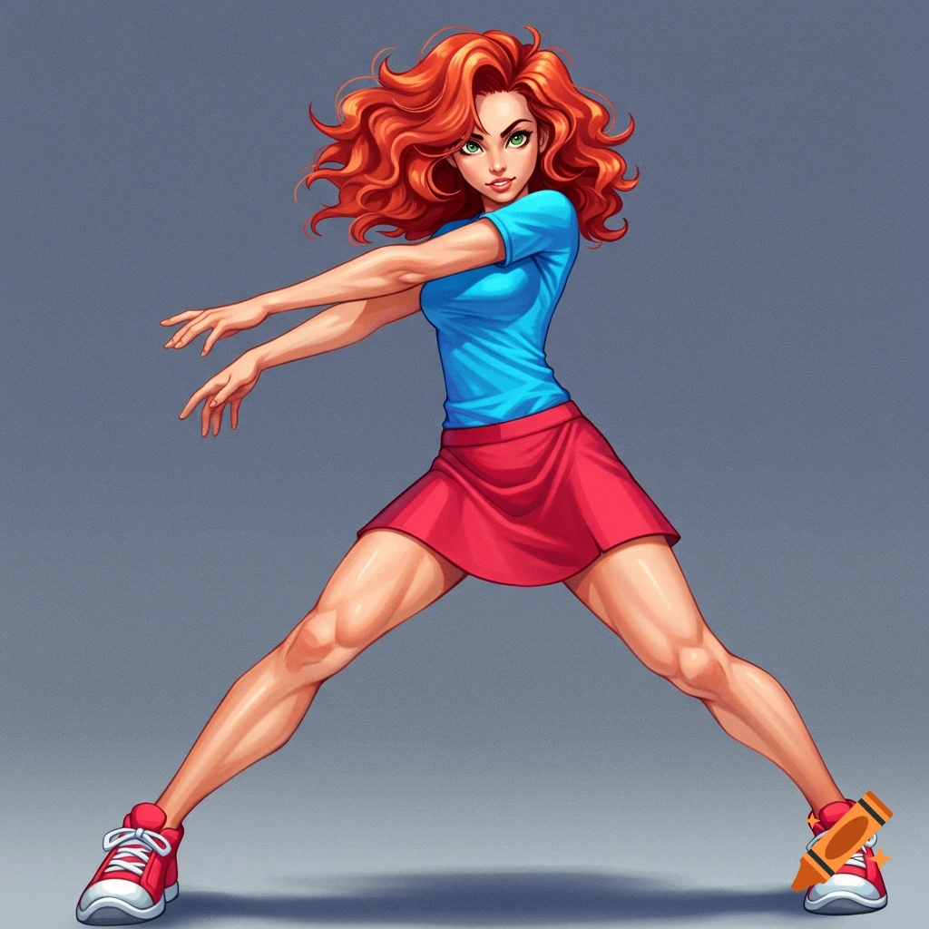 An athletic woman with red hair in a blue shirt and red skirt, in a dynamic pose.