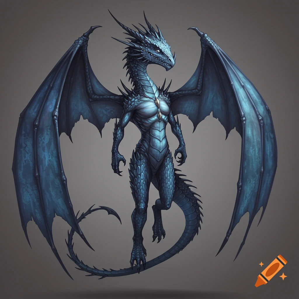 A blue scaled dragon with wings, standing.