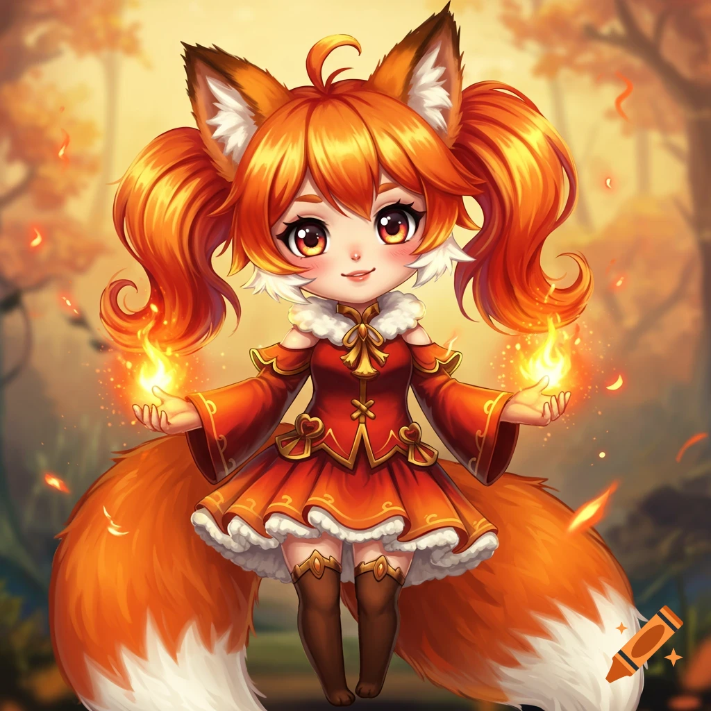 A cute anime fox girl with fire powers in a forest.