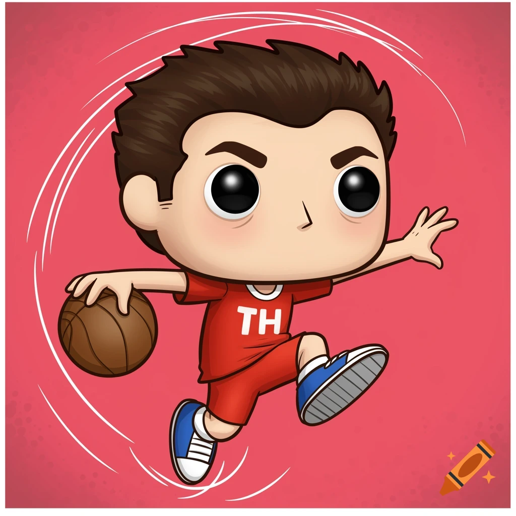 Funko Pop style cartoon of a character in a red jersey with 'TH' playing basketball.