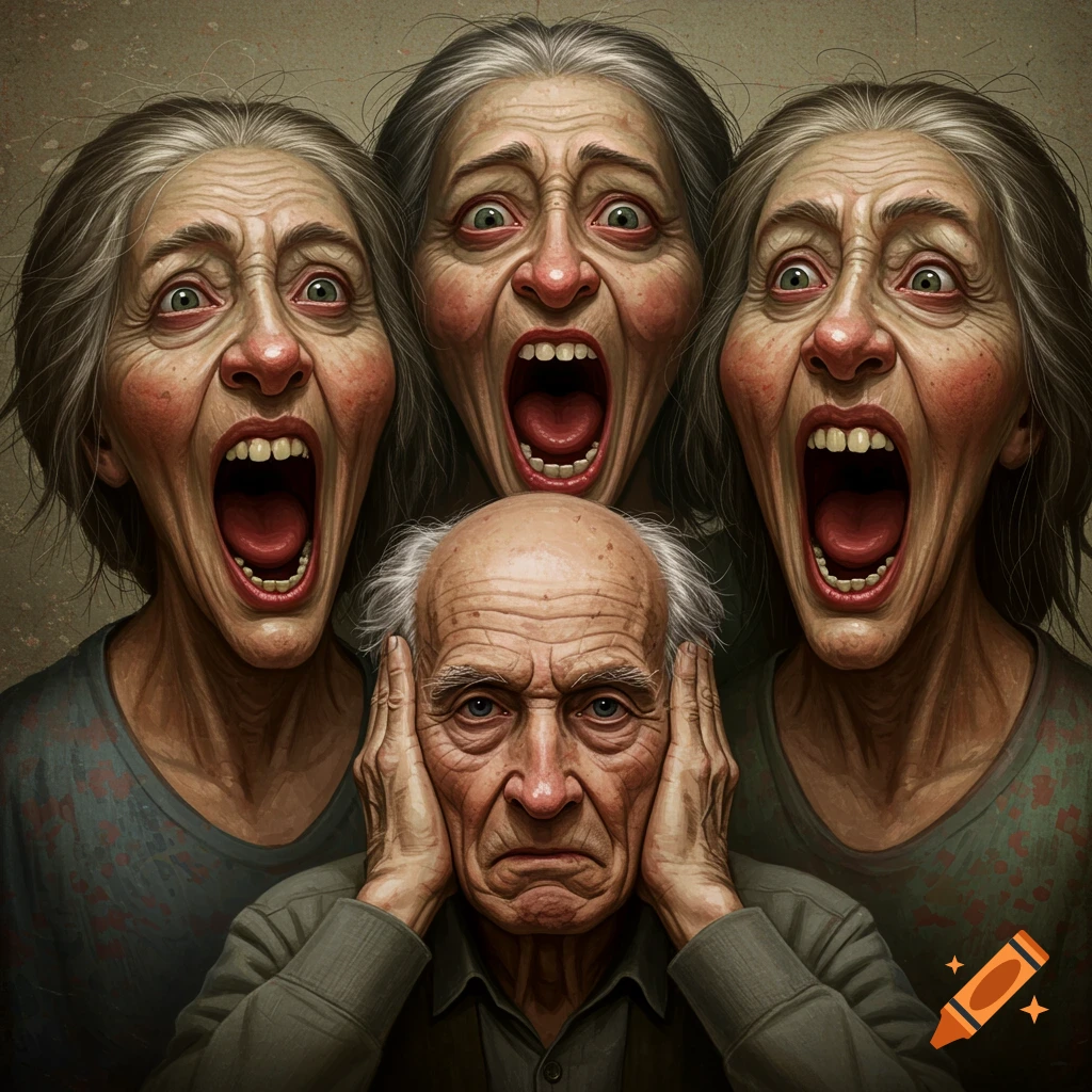 Hyperrealistic depiction of an old man covering his ears while three grotesque old women scream above him.