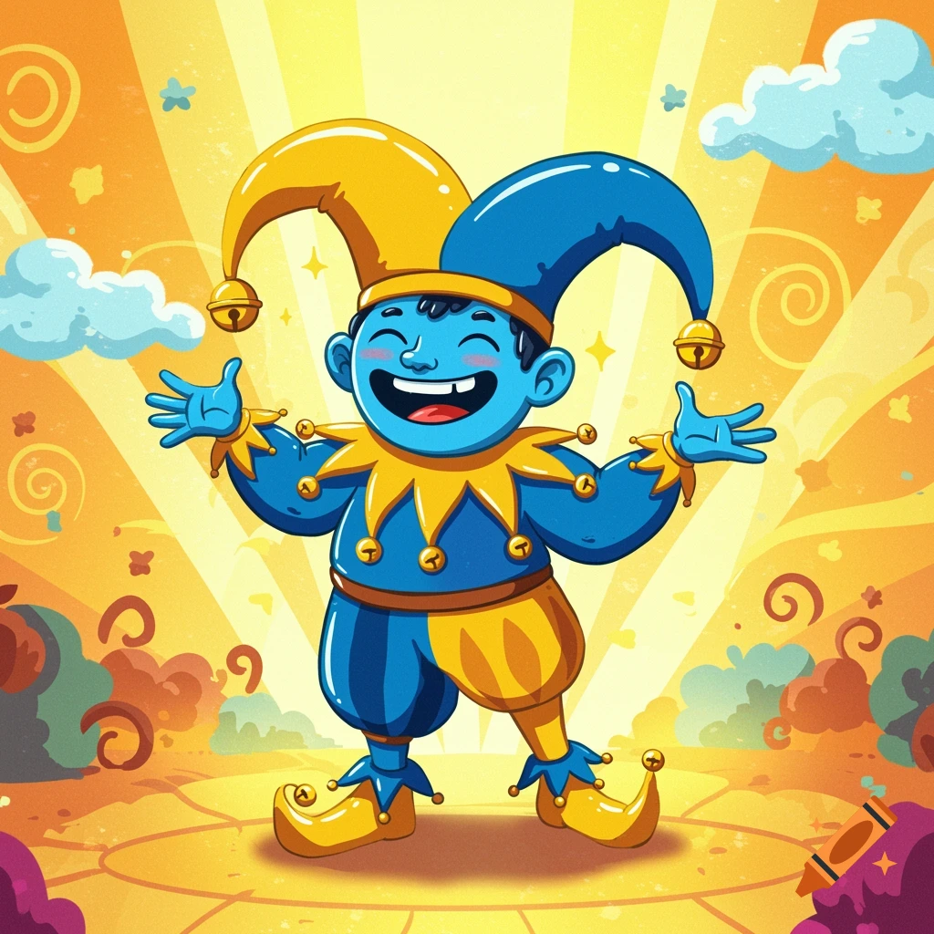Cheerful cartoon blue jester in a yellow and blue costume with bells, standing on a stage.