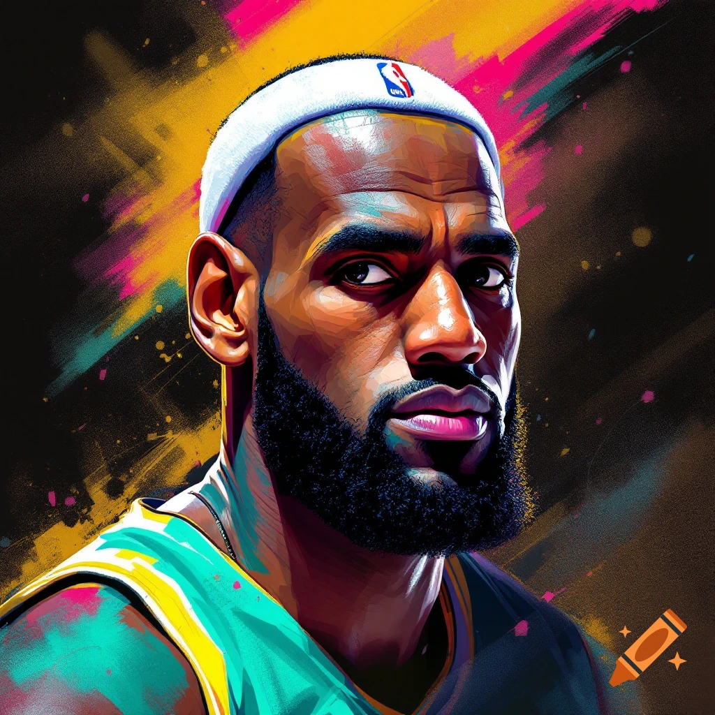 Stylized portrait of LeBron James in a basketball jersey and headband against a colorful abstract background.
