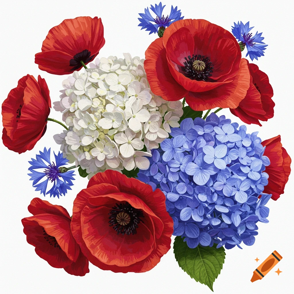 A bouquet of red poppies, white hydrangeas, and blue cornflowers on a white background.