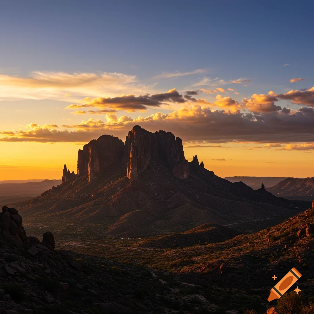 Superstition Mountain at sunset with dramatic clouds.