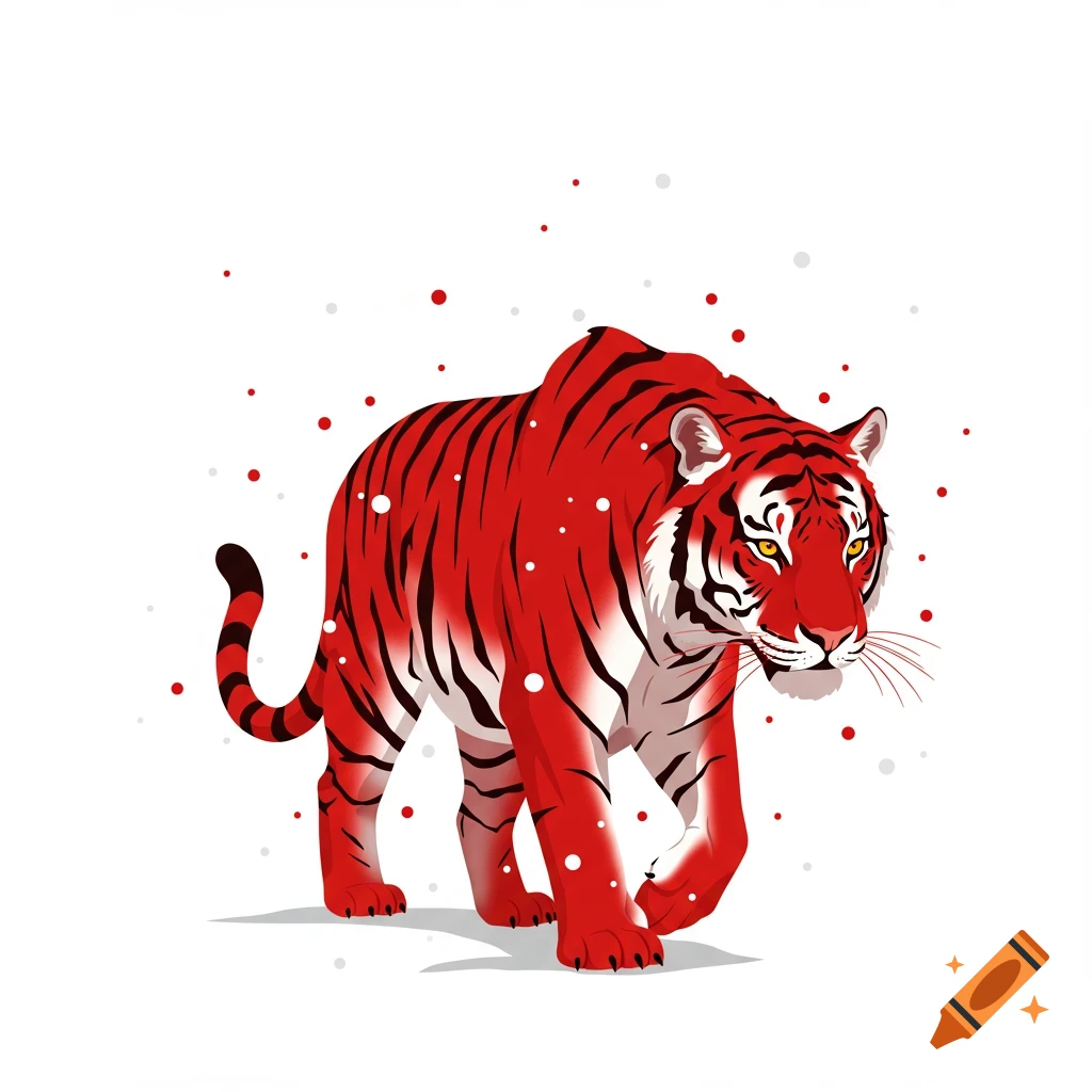 Stylized red tiger with black stripes walking on snow against a white background
