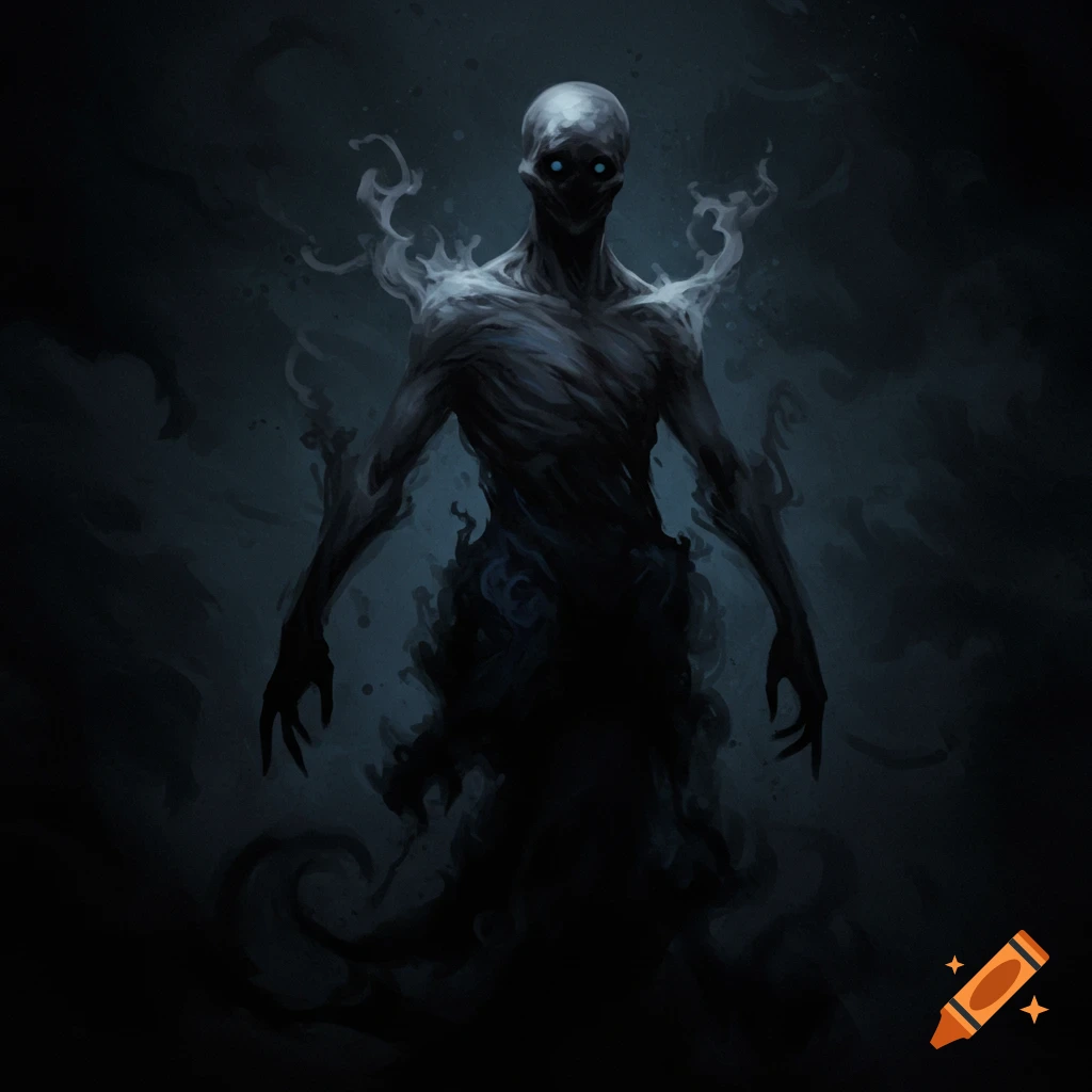 A creepy shadow creature with glowing blue eyes.