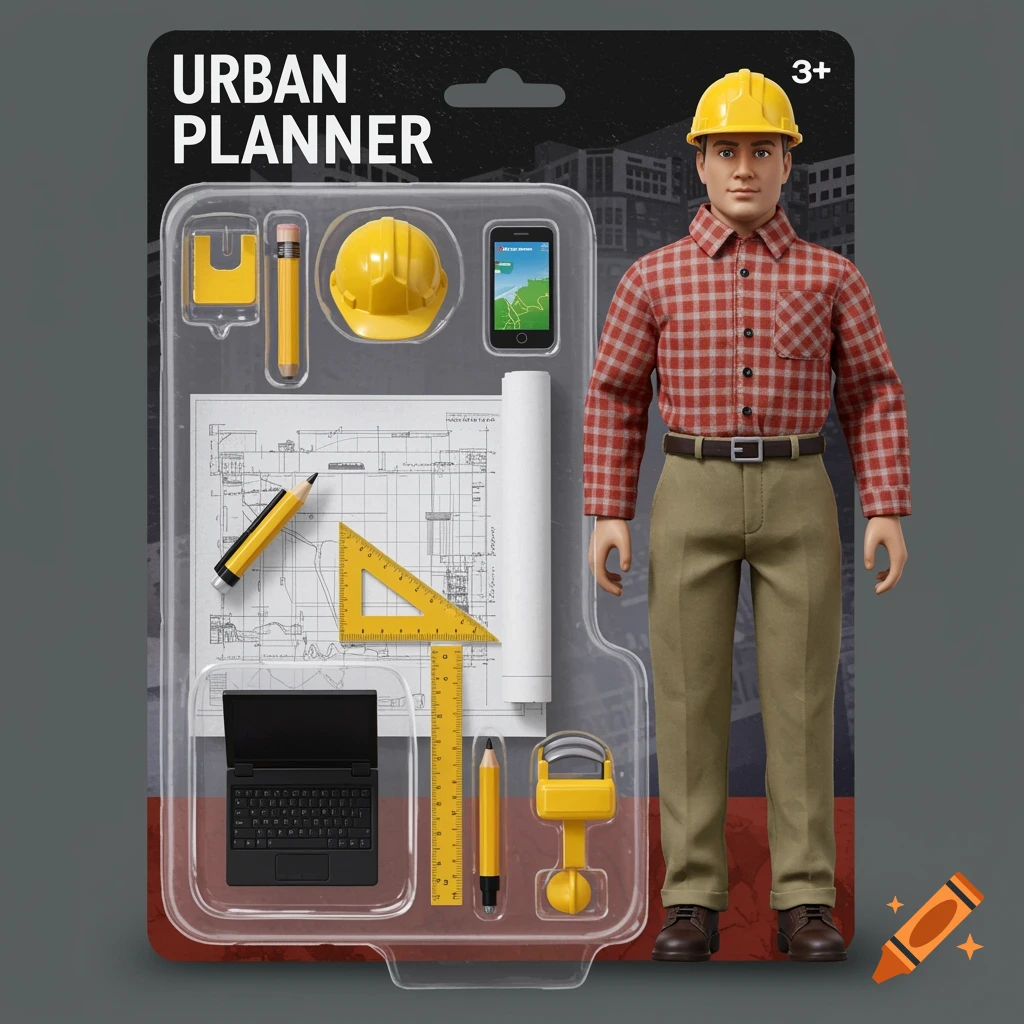 An 'Urban Planner' action figure in blister packaging with a hardhat, pencil, ruler, laptop, and smartphone.