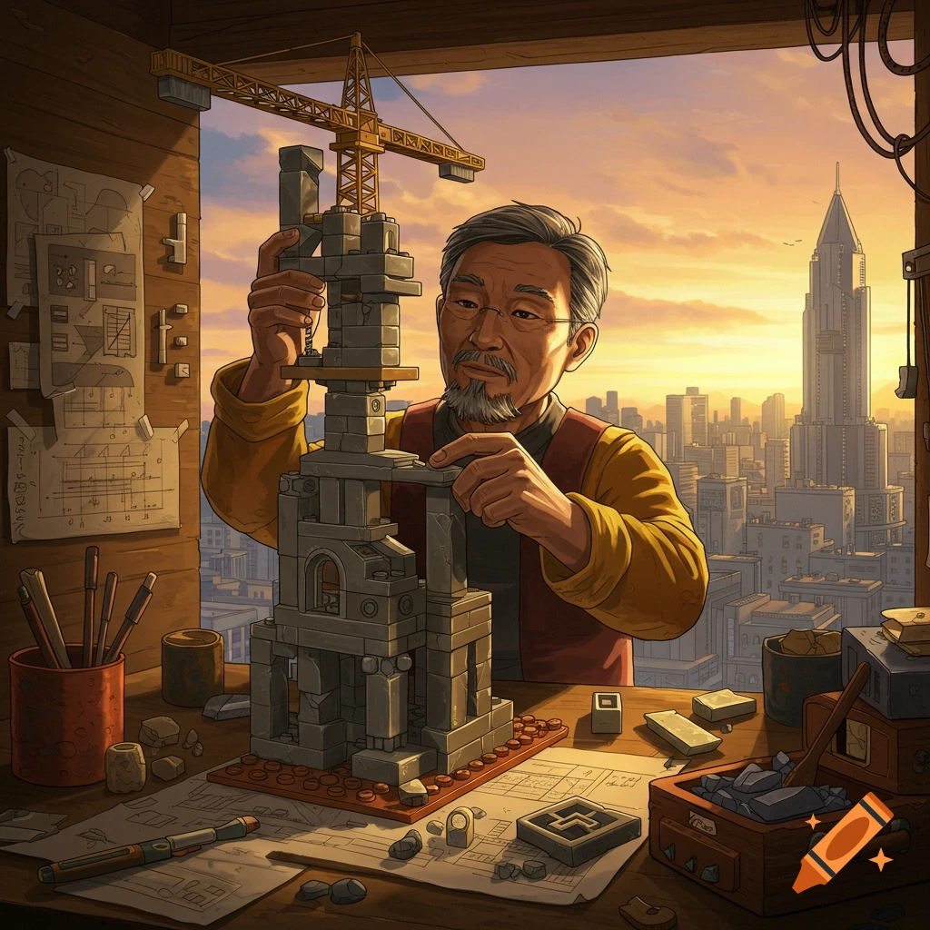 A man building a stone block tower at a desk with city view at sunset.