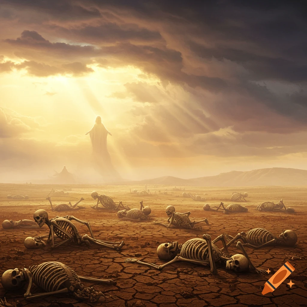 Skeletons stand on cracked earth beneath a stormy sky, a glowing figure illuminated by sunlight.