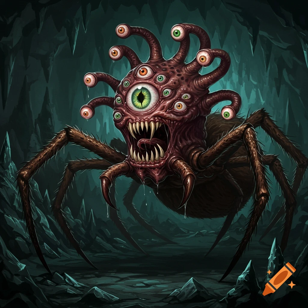 A monstrous creature resembling a spider with a beholder head, featuring multiple eyes and tentacles, in a dark cave.