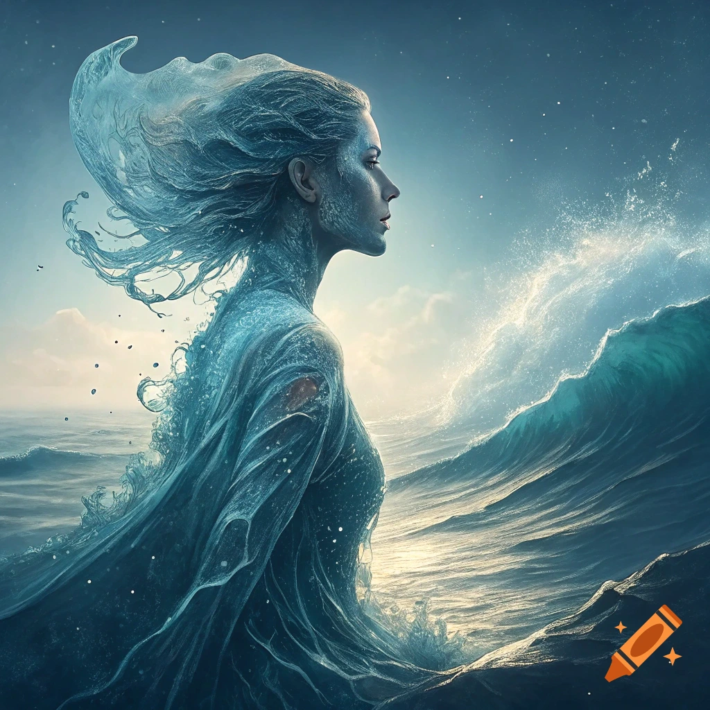A woman made of water emerges from a stormy ocean at night