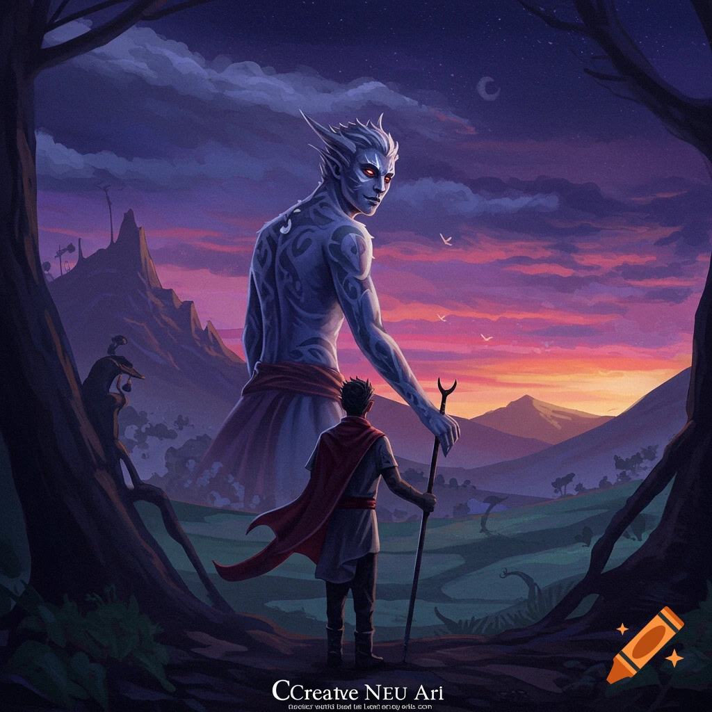 A small figure stands before a giant creature in a dramatic fantasy landscape at sunset, digital art.