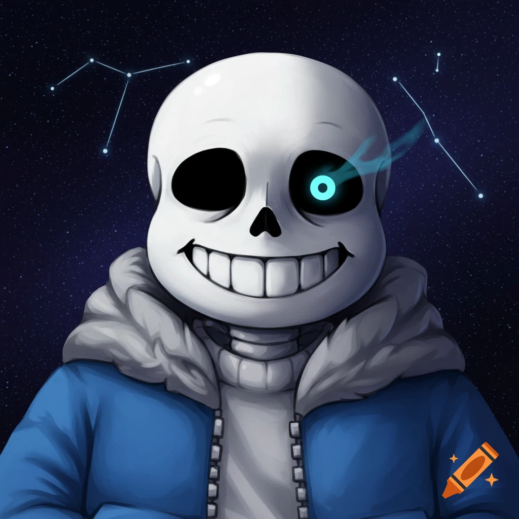 A depiction of the skeleton character Sans from Undertale wearing a blue jacket against a starry night sky.