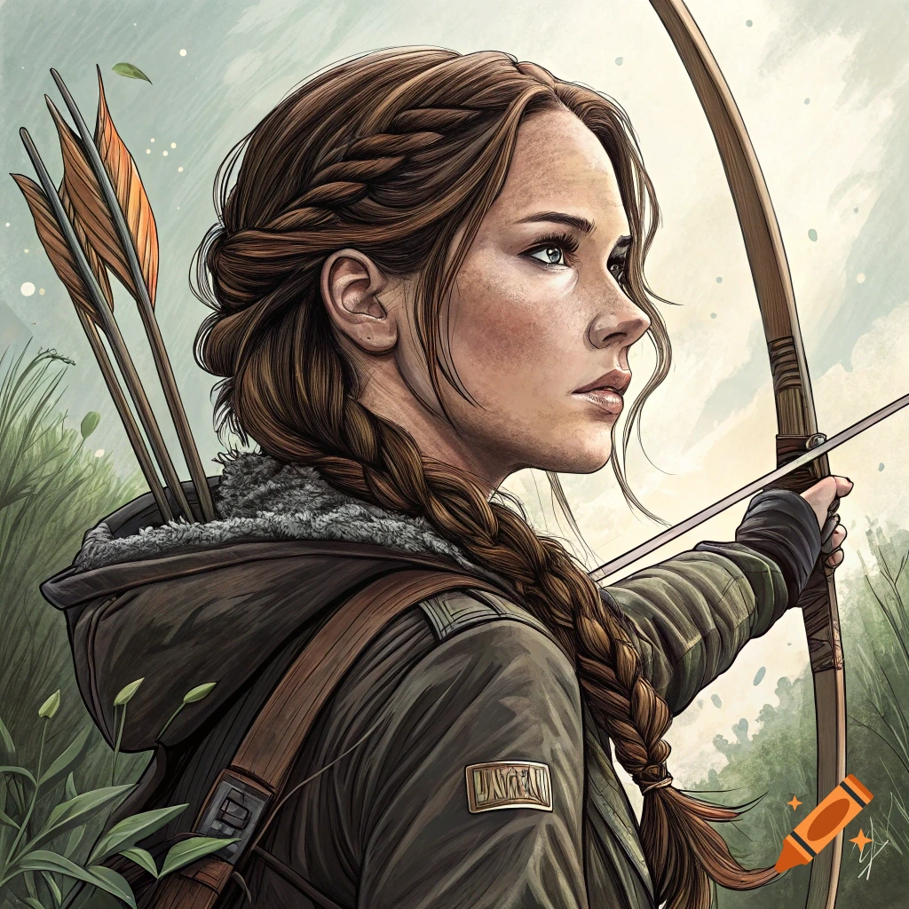 A woman with a braid, wearing a hooded jacket, holds a bow and arrow.