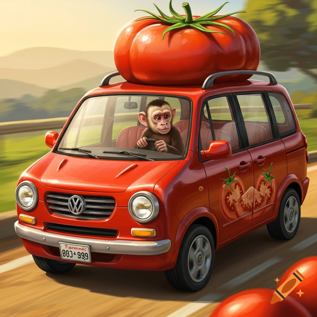 A monkey is driving a red minivan with a large tomato on the roof.