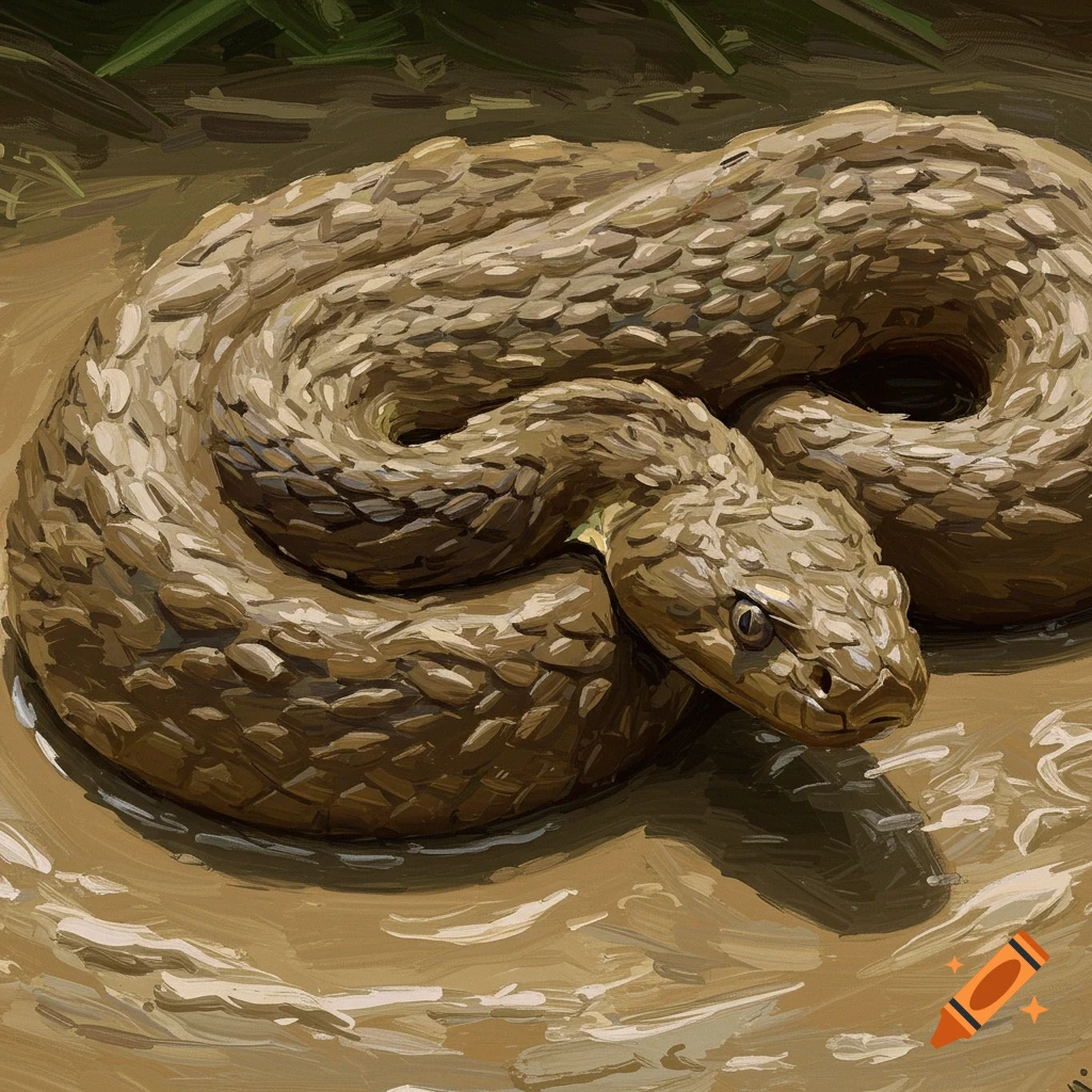 A coiled brown snake in mud